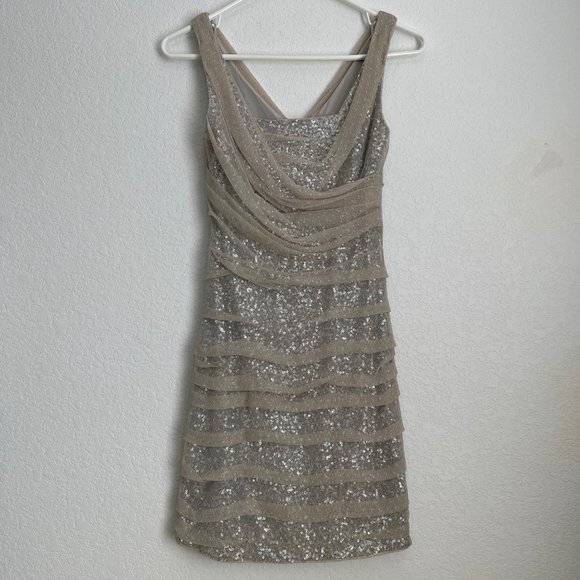 Express Sequin Mini Dress with Gathered Polka Dot Mesh Overlay, Size 0 - Picture 2 of 11